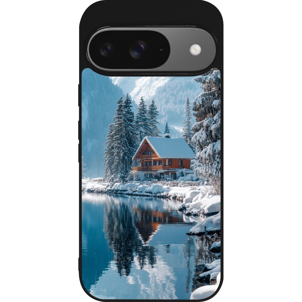Coque Google Pixel 9 / Pixel 9 Pro - Silicone rigide noir Winter 25 Winter house forest day