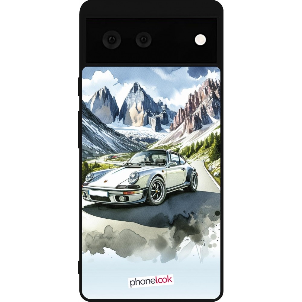 Coque Google Pixel 6 - Silicone rigide noir Porsche 911 Mountain Watercolor