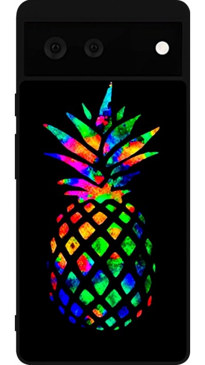 Coque Google Pixel 6 - Silicone rigide noir Ananas Multi-colors
