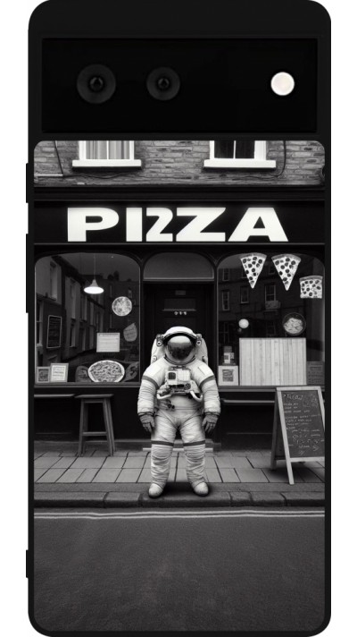 Google Pixel 6 Case Hülle - Silikon schwarz Astronaut vor einer Pizzeria