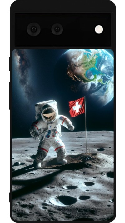 Coque Google Pixel 6 - Silicone rigide noir Astro Suisse sur lune