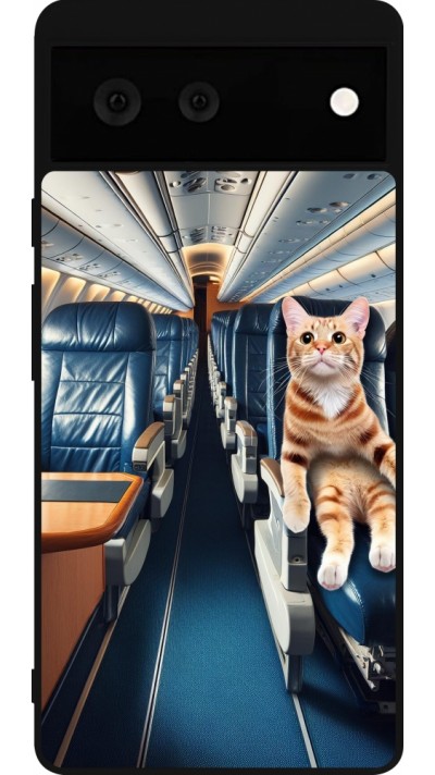 Coque Google Pixel 6 - Silicone rigide noir Chat dans un avion