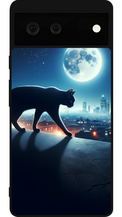 Coque Google Pixel 6 - Silicone rigide noir Chat noir sous la pleine lune