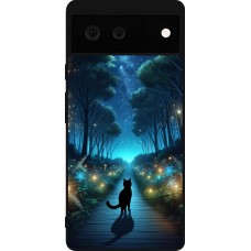 Coque Google Pixel 6 - Silicone rigide noir Chat noir promenade