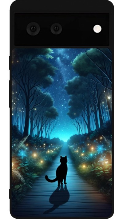 Coque Google Pixel 6 - Silicone rigide noir Chat noir promenade