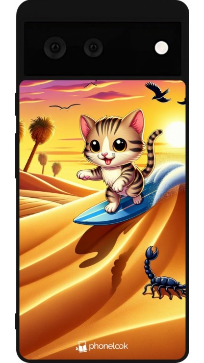 Coque Google Pixel 6 - Silicone rigide noir Chat surfeur au soleil