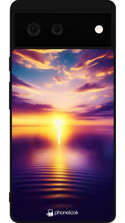 Coque Google Pixel 6 - Silicone rigide noir Coucher soleil jaune violet