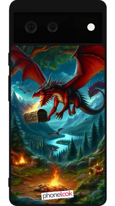 Coque Google Pixel 6 - Silicone rigide noir Dragon Volant Forêt Trésor