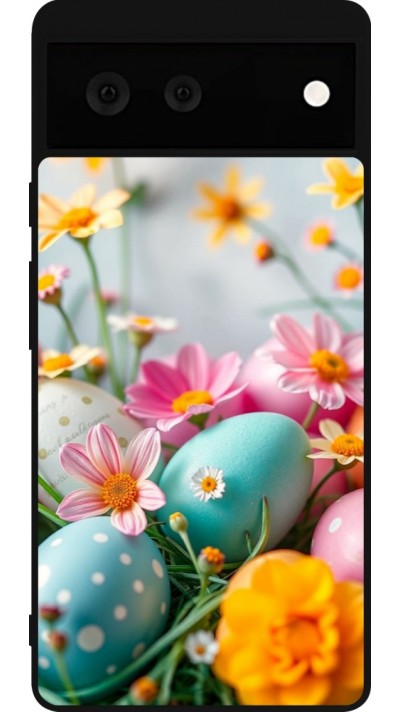 Coque Google Pixel 6 - Silicone rigide noir Easter 2026 Eggs with flowers