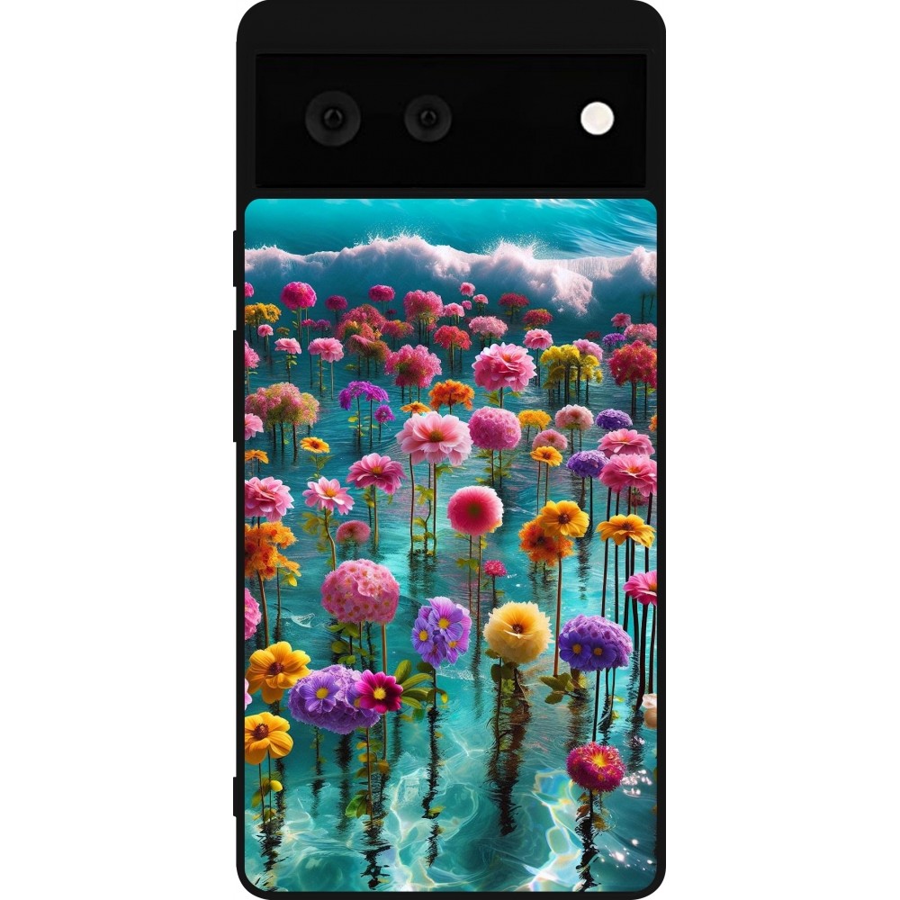 Google Pixel 6 Case Hülle - Silikon schwarz Blumenmeer Wellen