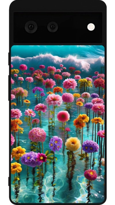 Google Pixel 6 Case Hülle - Silikon schwarz Blumenmeer Wellen