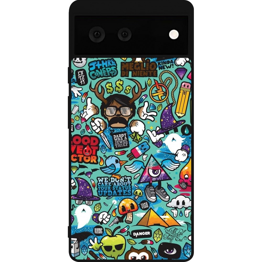 Coque Google Pixel 6 - Silicone rigide noir Mixed Cartoons Turquoise