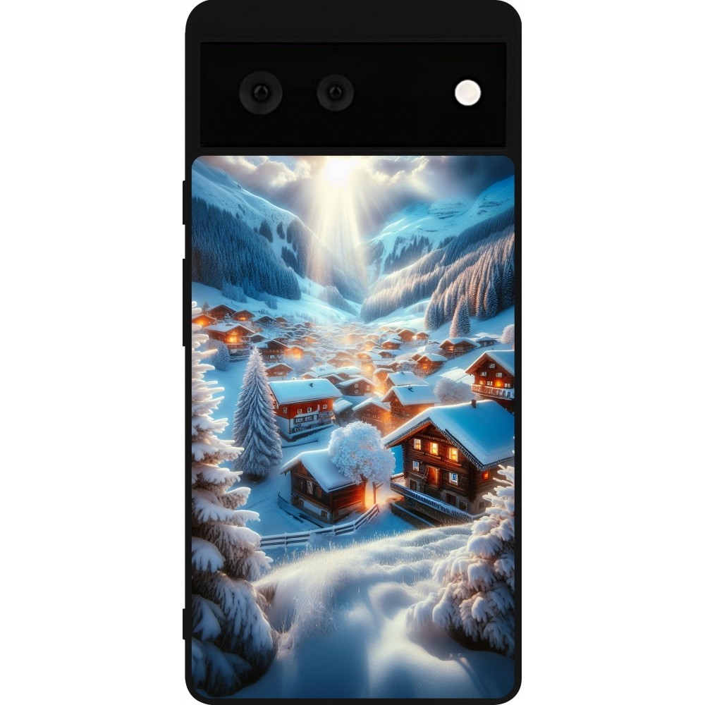 Coque Google Pixel 6 - Silicone rigide noir Mont Neige Lumière