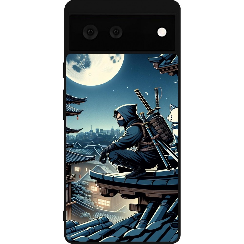 Coque Google Pixel 6 - Silicone rigide noir Ninja sous la lune