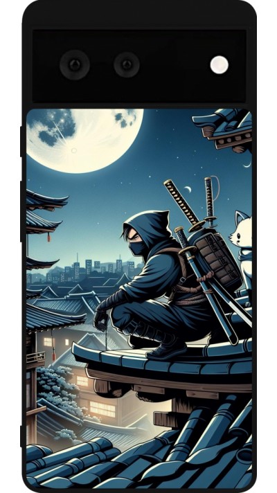 Coque Google Pixel 6 - Silicone rigide noir Ninja sous la lune