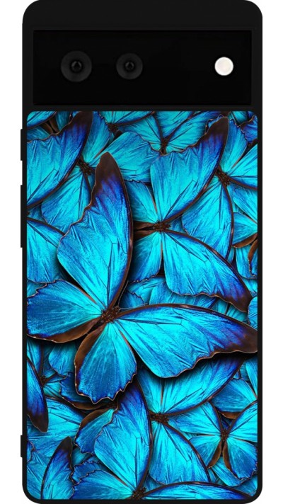 Coque Google Pixel 6 - Silicone rigide noir Papillon bleu