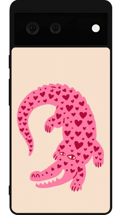 Coque Google Pixel 6 - Silicone rigide noir Pink crocodile 2026