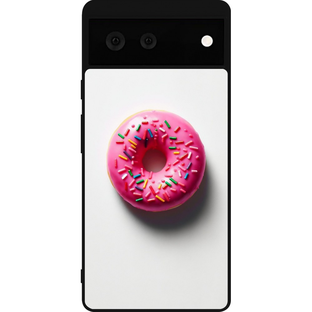 Coque Google Pixel 6 - Silicone rigide noir Weißer Hintergrund, pinker Donut