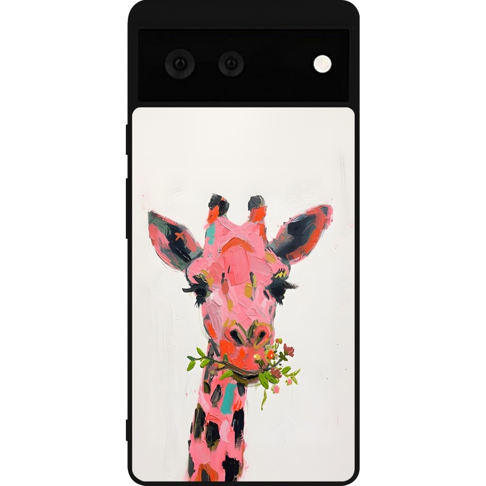Coque Google Pixel 6 - Silicone rigide noir Pink Girafe Paint