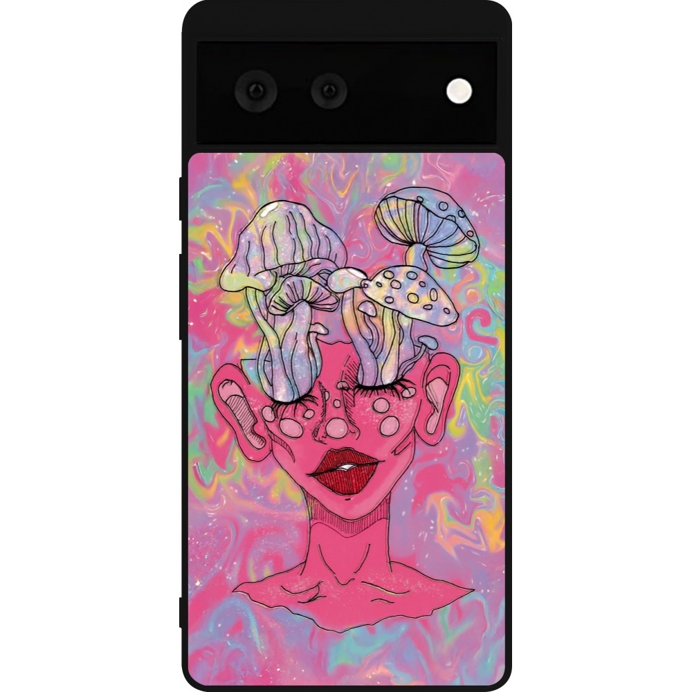 Google Pixel 6 Case Hülle - Silikon schwarz Psychedelic pink mushroom