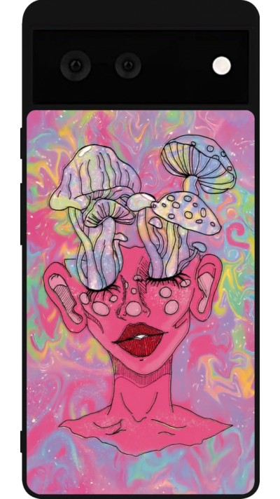 Google Pixel 6 Case Hülle - Silikon schwarz Psychedelic pink mushroom