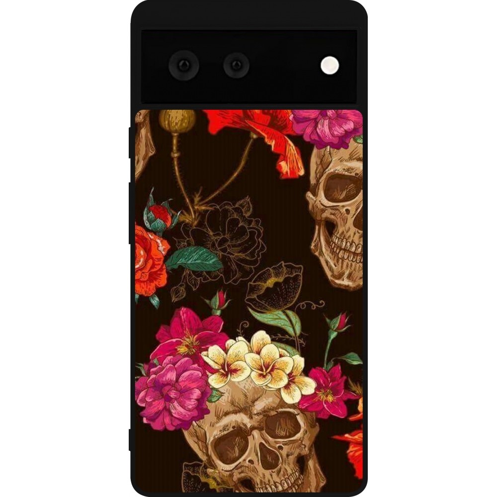 Google Pixel 6 Case Hülle - Silikon schwarz Skulls and flowers