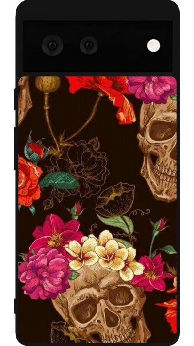 Google Pixel 6 Case Hülle - Silikon schwarz Skulls and flowers