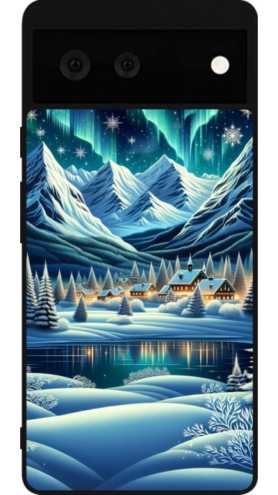 Coque Google Pixel 6 - Silicone rigide noir Snowy Mountain Village Lake night