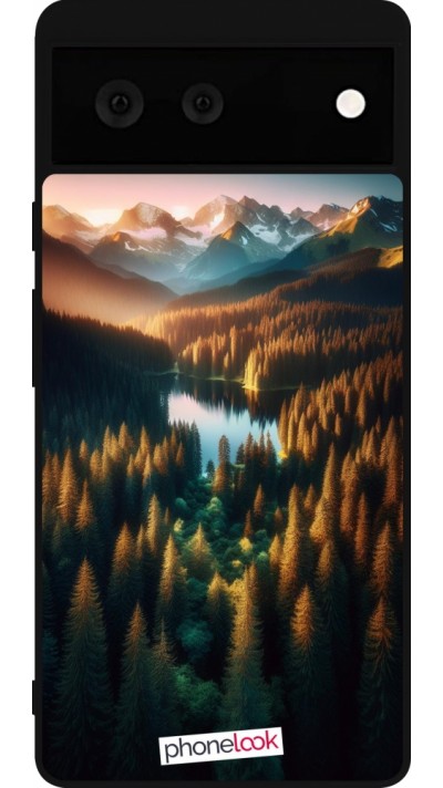 Google Pixel 6 Case Hülle - Silikon schwarz Sonnenuntergang Waldsee