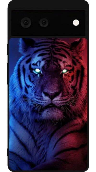 Coque Google Pixel 6 - Silicone rigide noir Tiger Blue Red