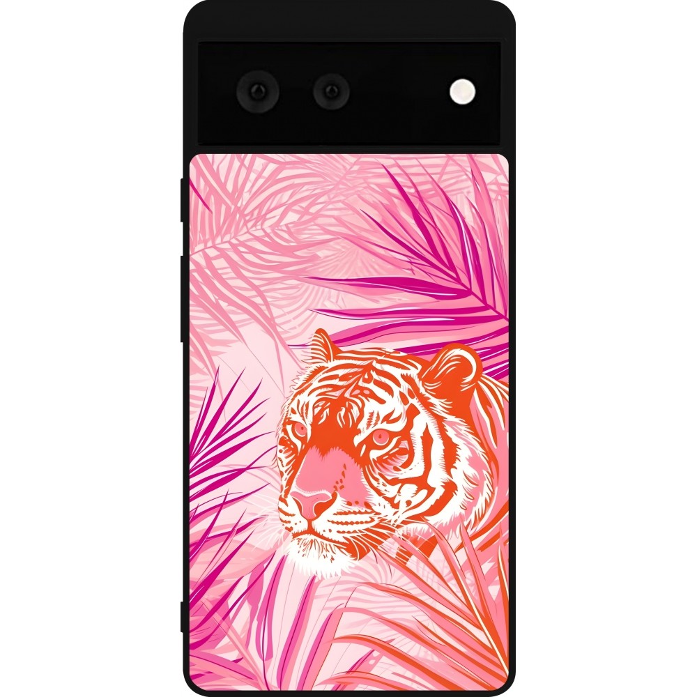 Google Pixel 6 Case Hülle - Silikon schwarz Tiger Palmen rosa