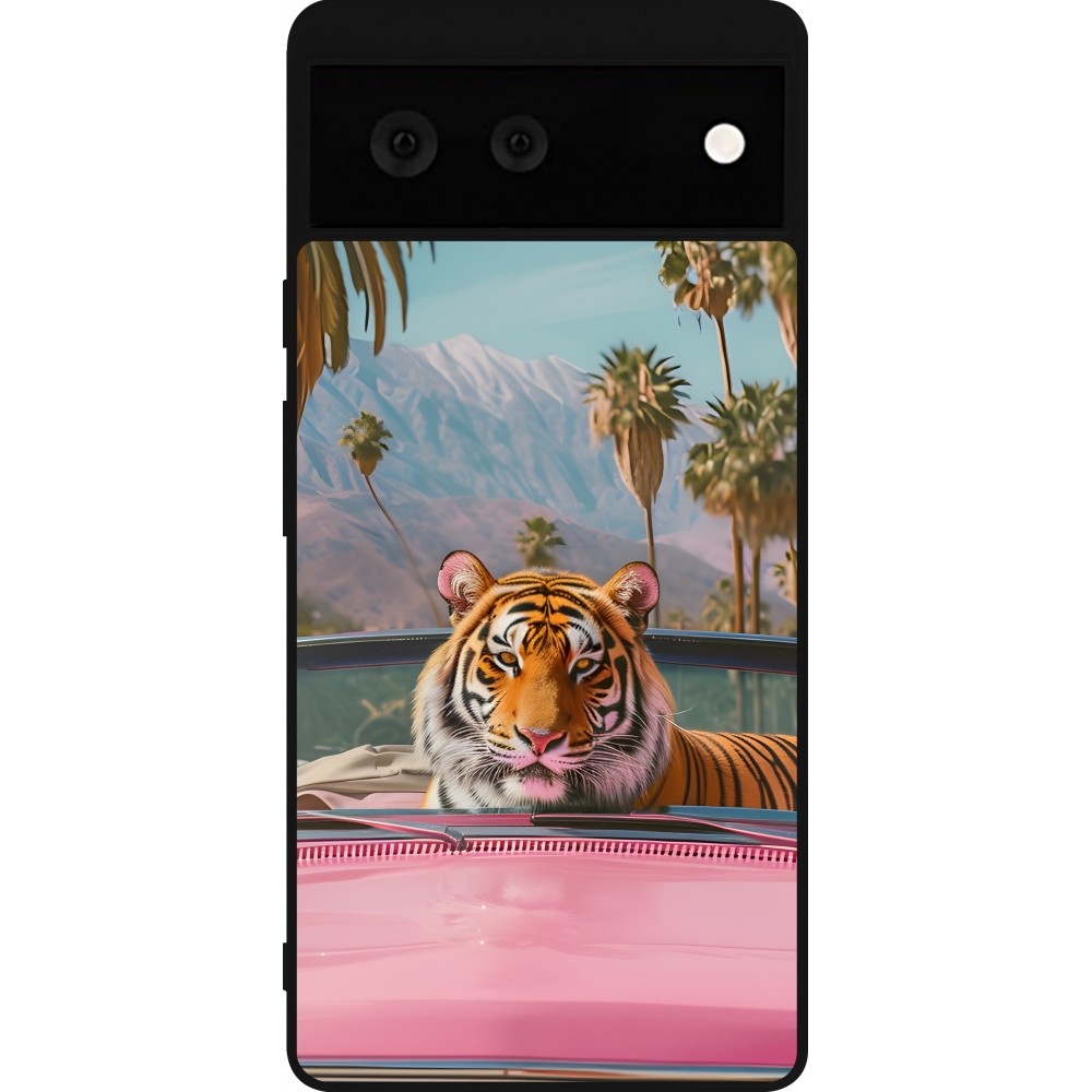 Coque Google Pixel 6 - Silicone rigide noir Tigre voiture rose