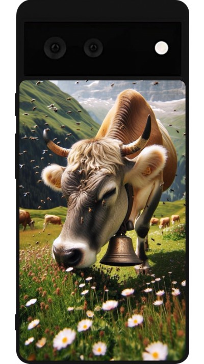 Coque Google Pixel 6 - Silicone rigide noir Vache montagne Valais