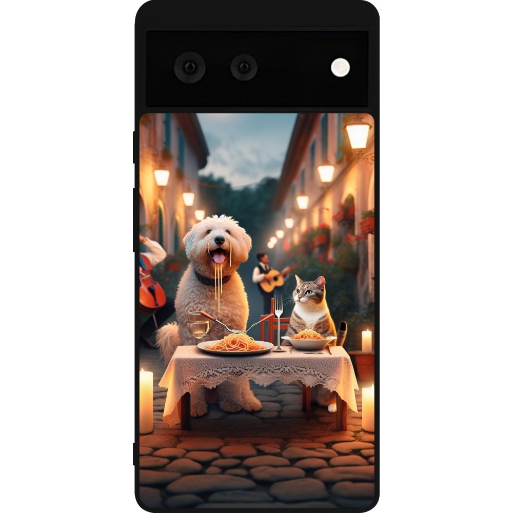 Coque Google Pixel 6 - Silicone rigide noir Valentine 2024 Dog & Cat Candlelight