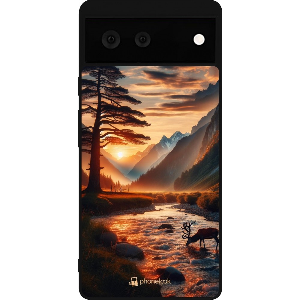 Coque Google Pixel 6 - Silicone rigide noir Valley Sunset Deer Tree