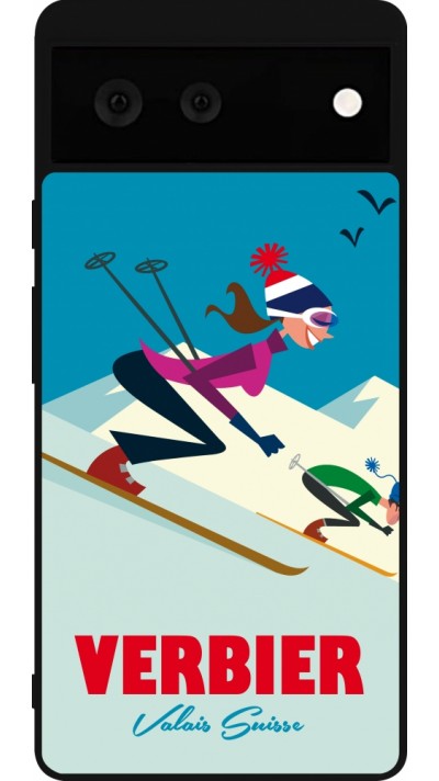 Coque Google Pixel 6 - Silicone rigide noir Verbier Ski Downhill