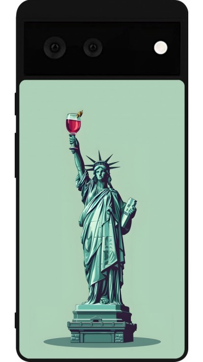 Coque Google Pixel 6 - Silicone rigide noir Wine Statue de la liberté avec un verre de vin