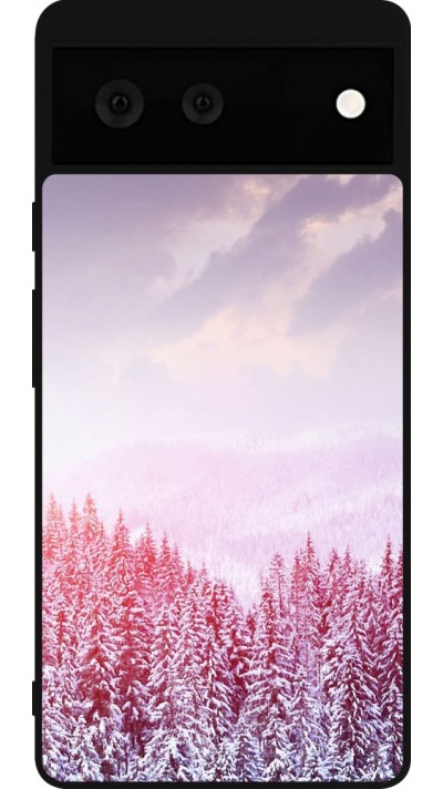 Coque Google Pixel 6 - Silicone rigide noir Winter 22 Pink Forest