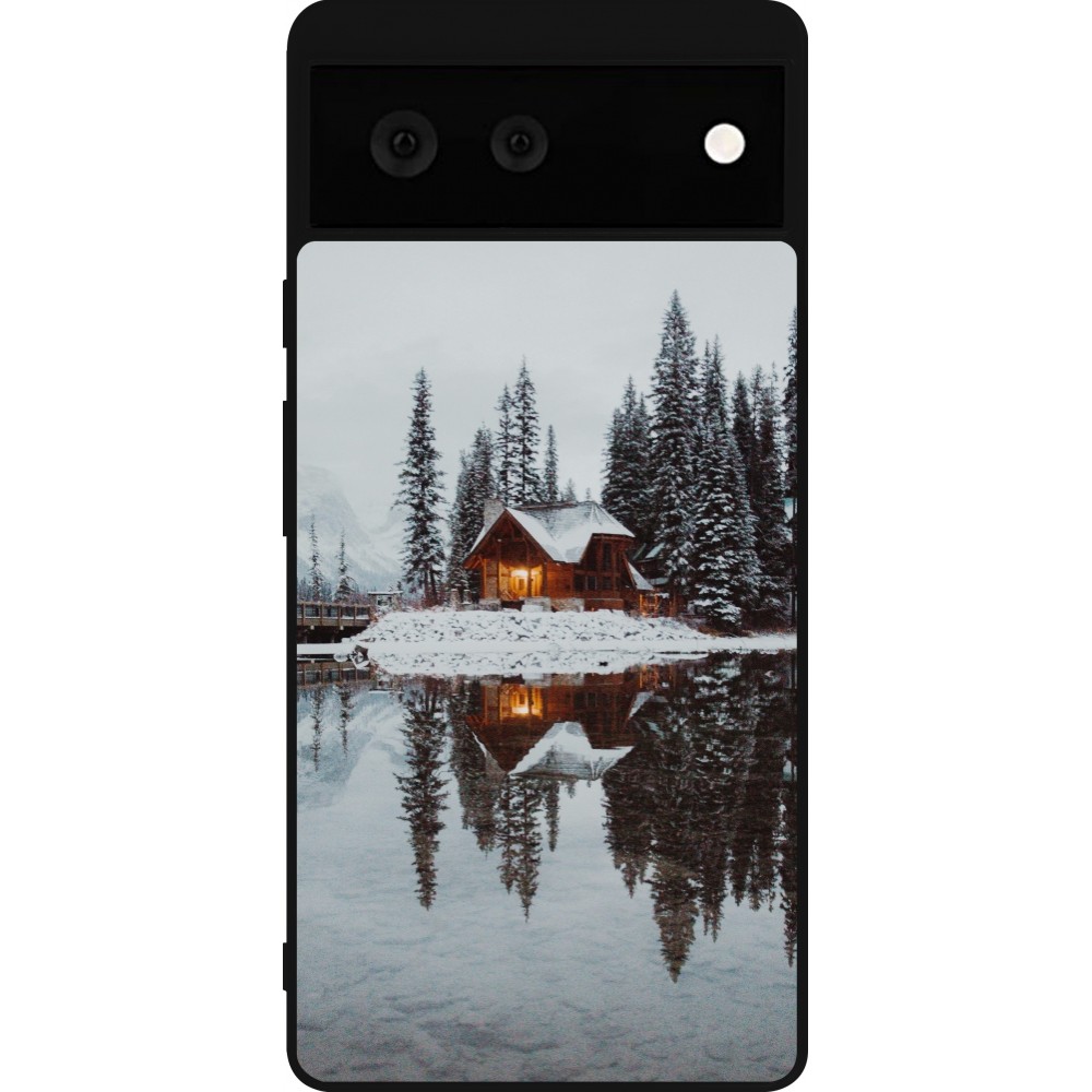 Coque Google Pixel 6 - Silicone rigide noir Winter 25 Winter house forest afternoon