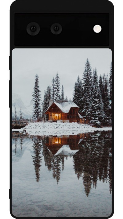 Coque Google Pixel 6 - Silicone rigide noir Winter 25 Winter house forest afternoon