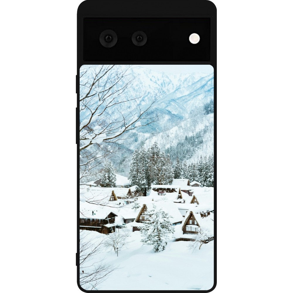 Coque Google Pixel 6 - Silicone rigide noir Winter 25 Winter snowy landscape