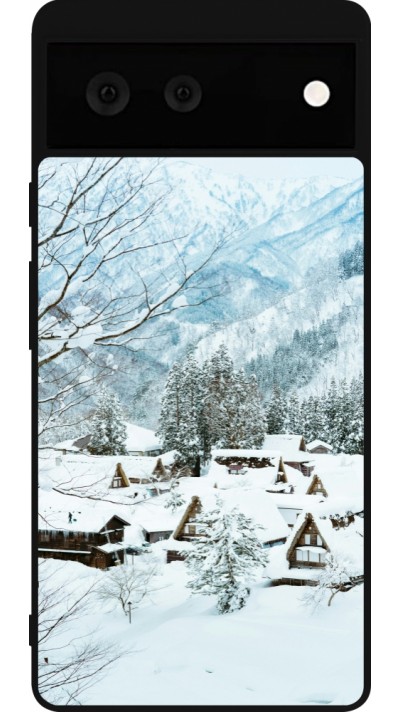 Coque Google Pixel 6 - Silicone rigide noir Winter 25 Winter snowy landscape