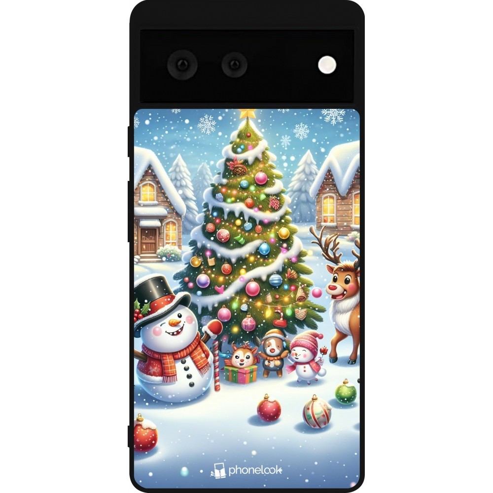 Google Pixel 6 Case Hülle - Silikon schwarz Weihnachten 2023 Schneemann und Tannenbaum