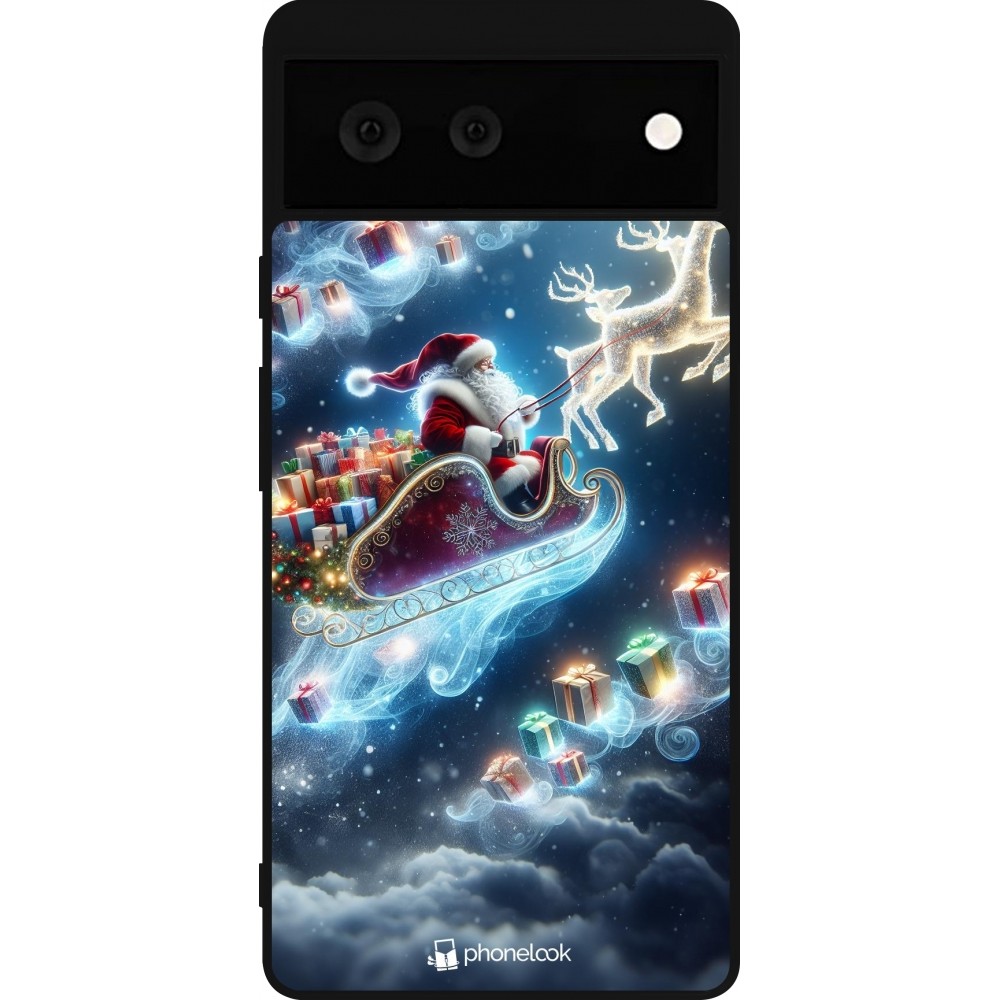 Coque Google Pixel 6 - Silicone rigide noir Noël 2023 Père Noël enchanté