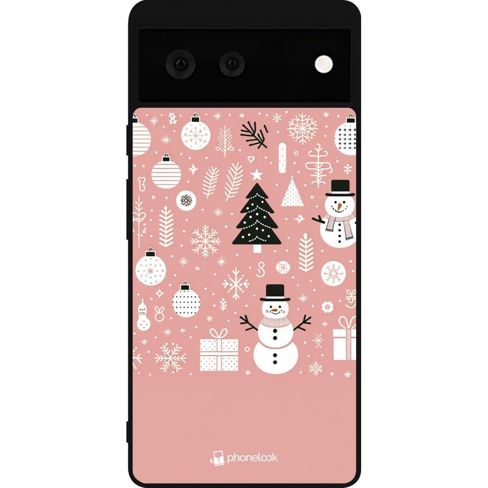 Coque Google Pixel 6 - Silicone rigide noir Noël 2024 Rose Snowman Christmas