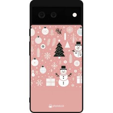 Coque Google Pixel 6 - Silicone rigide noir Noël 2024 Rose Snowman Christmas
