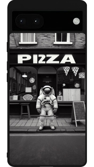 Coque Google Pixel 6a - Silicone rigide noir Astronaute devant une Pizzeria