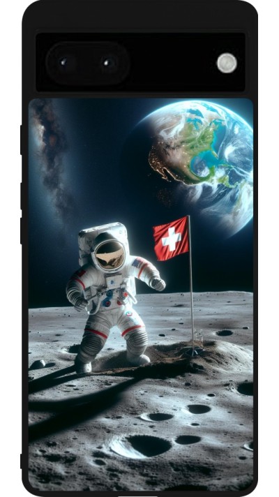 Coque Google Pixel 6a - Silicone rigide noir Astro Suisse sur lune