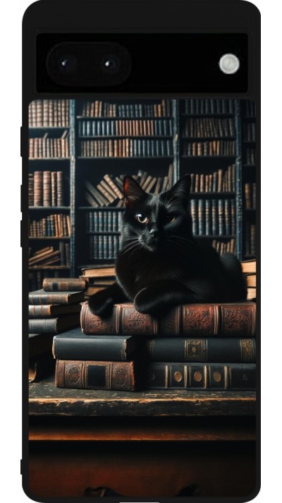 Google Pixel 6a Case Hülle - Silikon schwarz Katze Bücher dunkel