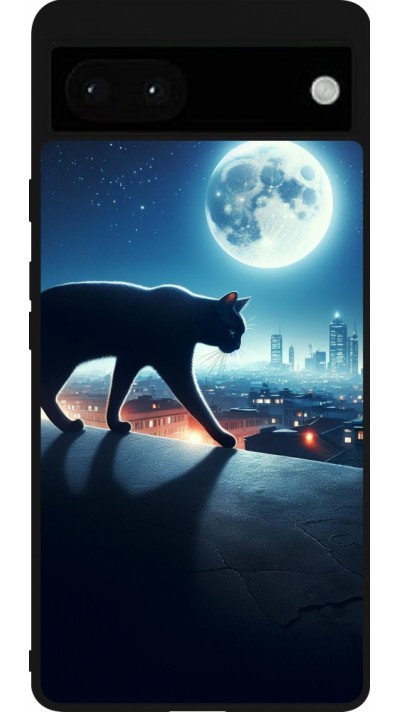 Coque Google Pixel 6a - Silicone rigide noir Chat noir sous la pleine lune